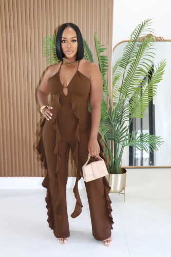 Hanging neck deep V jumpsuit with ruffled edges on the side and slightly flared jumpsuit A7626