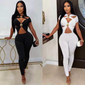 Hollow out short sleeved hip hugging jumpsuit C7845