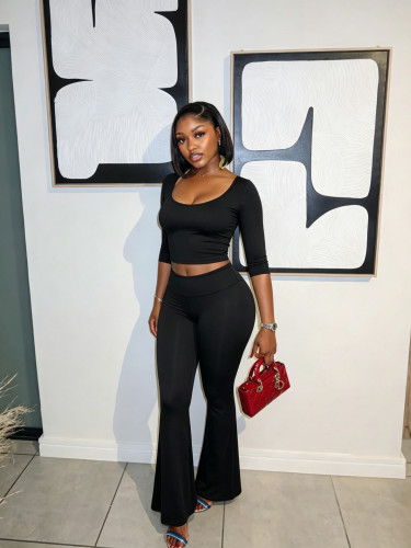 U-neck cropped top with cropped sleeves, high waist and hip lifting flared pants set K26L2925