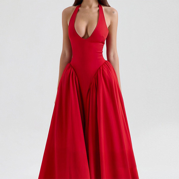 Hanging neck V-neck solid color pleated dress A848324197468