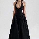 Hanging neck V-neck solid color pleated dress A848324197468