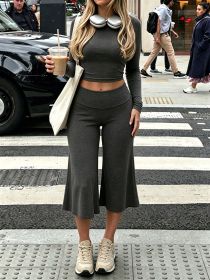Knitted two-piece set of high waisted flared wide leg pants WL8572