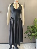 Hanging neck V-neck solid color pleated dress A848324197468