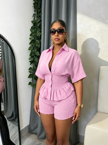 Two piece set of collar, waist, short sleeved shirt, high waisted shorts SH9019