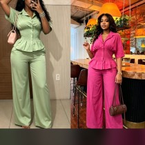 Two piece set of high waisted wide leg pants with collar and waist cinched short sleeved shirt AF08216 Two piece set of high waisted wide leg pants with collar and waist cinched short sleeved shirt AF08216