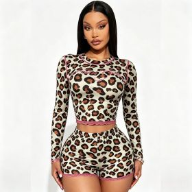 Leopard print shorts set, high stretch long sleeved lace shorts set MZ88728