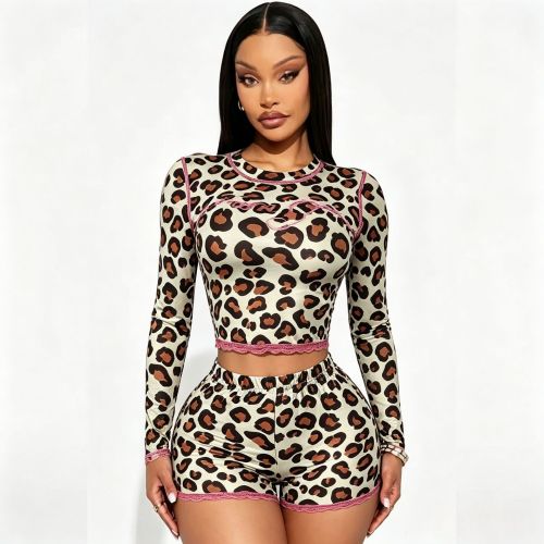 Leopard print shorts set, high stretch long sleeved lace shorts set MZ88728
