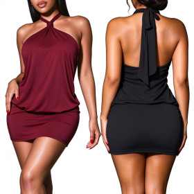 Leakage back solid color hip strap hanging neck dress A1079053086243