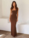 Double layered anti penetration backless suspender solid color dress A763415540775