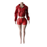 Leather jacket shorts set, long sleeved with cap elastic shorts set MZ88734