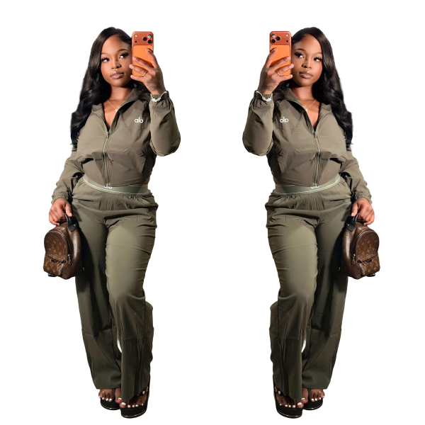Collar zipper long sleeved shirt long pants two-piece set Q6414