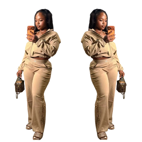 Collar zipper long sleeved shirt long pants two-piece set Q6414