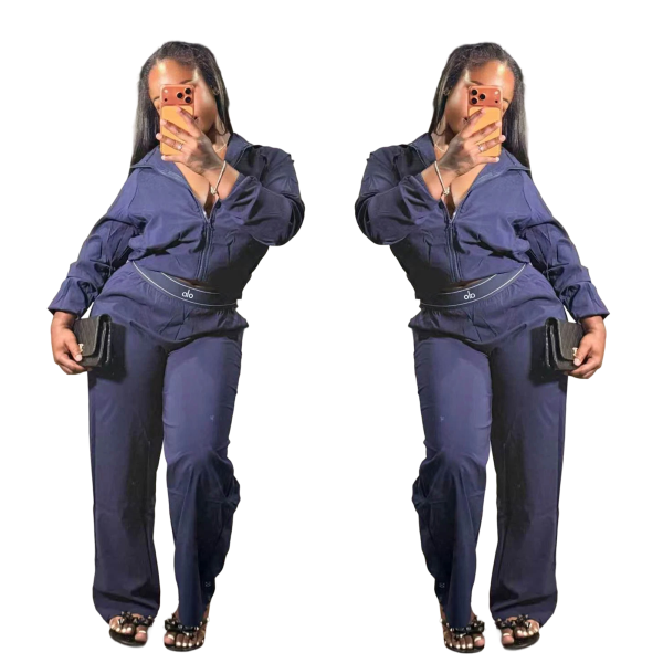 Collar zipper long sleeved shirt long pants two-piece set Q6414