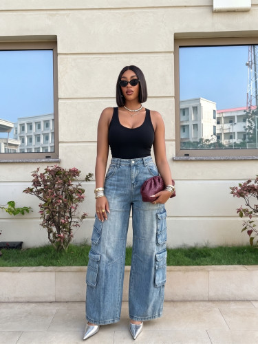 Workwear style multi pocket denim wide leg pants A1094295852591