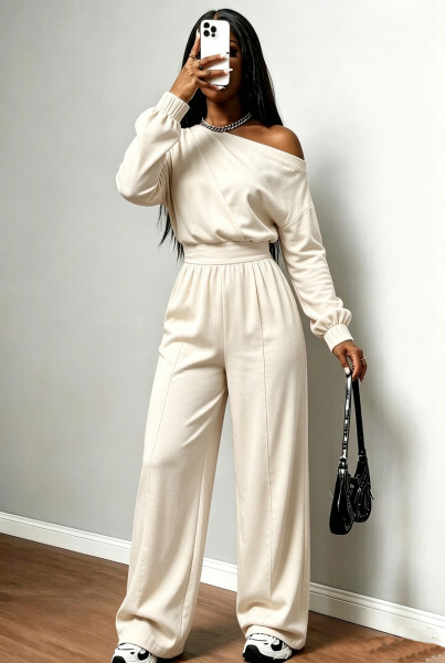 Shoulder collar cinched tight fitting hoodie+pocket wide leg pants two-piece set A1075623891427
