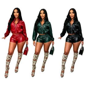Leather jacket shorts set, long sleeved with cap elastic shorts set MZ88734