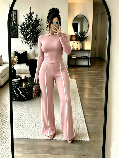 Two piece set of elastic tight fitting base top and spliced wide leg pants A1081117901091