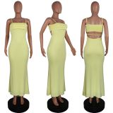 Double layered anti penetration backless suspender solid color dress A763415540775