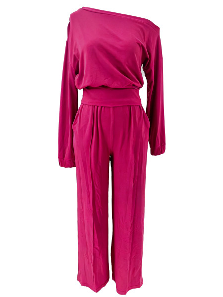 Shoulder collar cinched tight fitting hoodie+pocket wide leg pants two-piece set A1075623891427
