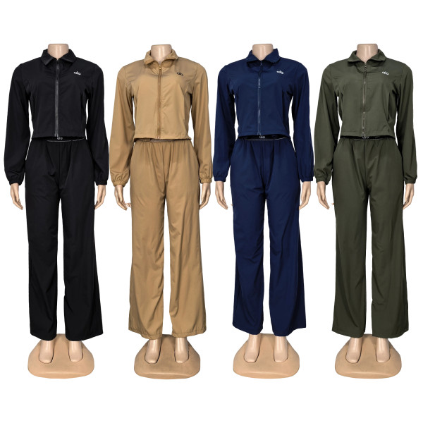 Collar zipper long sleeved shirt long pants two-piece set Q6414