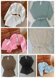 Round neck short hoodie+elastic waist shorts sports suit F984253720404