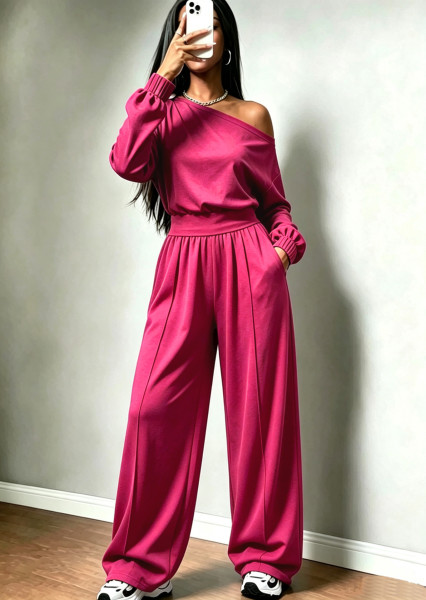 Shoulder collar cinched tight fitting hoodie+pocket wide leg pants two-piece set A1075623891427