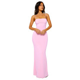 Double layered anti penetration backless suspender solid color dress A763415540775