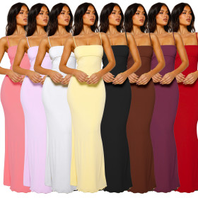 Double layered anti penetration backless suspender solid color dress A763415540775