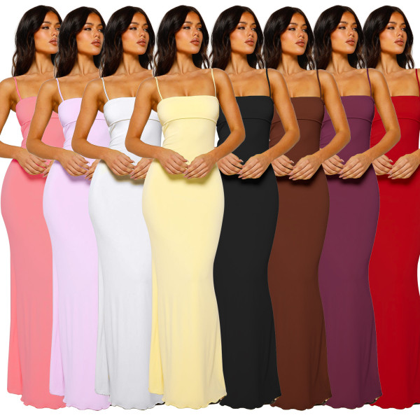 Double layered anti penetration backless suspender solid color dress A763415540775