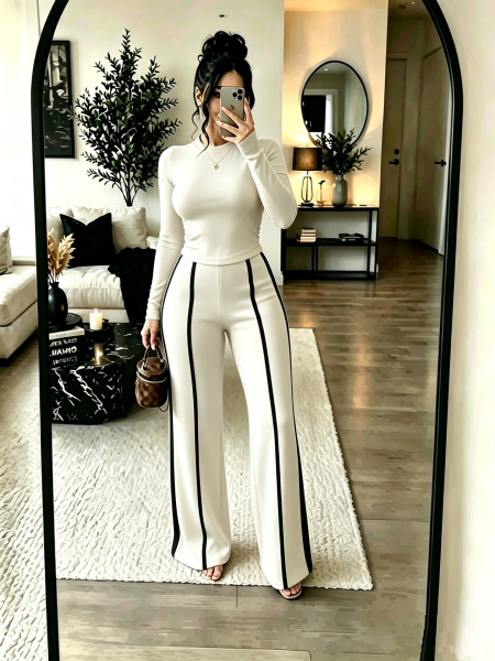 Two piece set of elastic tight fitting base top and spliced wide leg pants A1081117901091