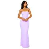 Double layered anti penetration backless suspender solid color dress A763415540775