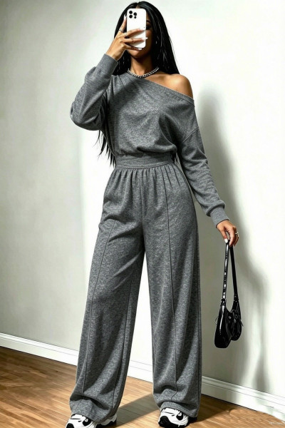 Shoulder collar cinched tight fitting hoodie+pocket wide leg pants two-piece set A1075623891427