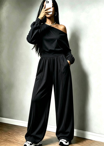 Shoulder collar cinched tight fitting hoodie+pocket wide leg pants two-piece set A1075623891427