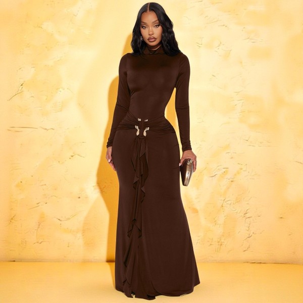 High neck long sleeved dress with metal ribbon at waist and pleated long skirt ZY6306
