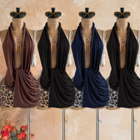 Leopard print sequin spliced hanging neck backless knitted hip hugging dress ZY6552