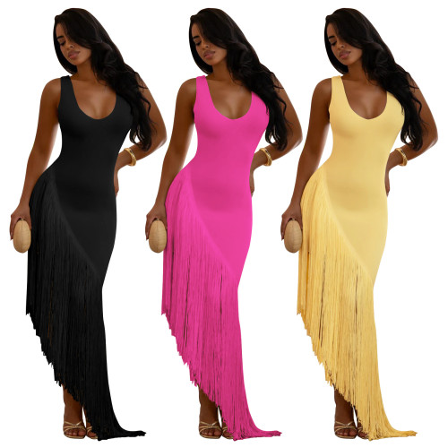 Strap backless fringe patchwork U-neck dress A1058171013309