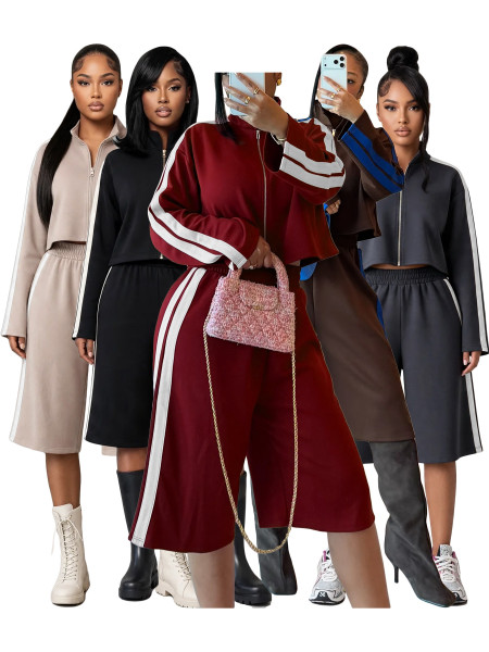 Stand up zipper jacket with contrasting stripes on the sides, two piece set of seven inch wide leg pants HR26058
