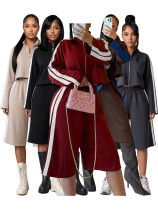 Stand up zipper jacket with contrasting stripes on the sides, two piece set of seven inch wide leg pants HR26058 Stand up zipper jacket with contrasting stripes on the sides, two piece set of seven inch wide leg pants HR26058
