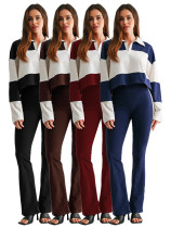 Color blocking patchwork Polo lapel long sleeved striped micro flared pants two-piece set HR26055