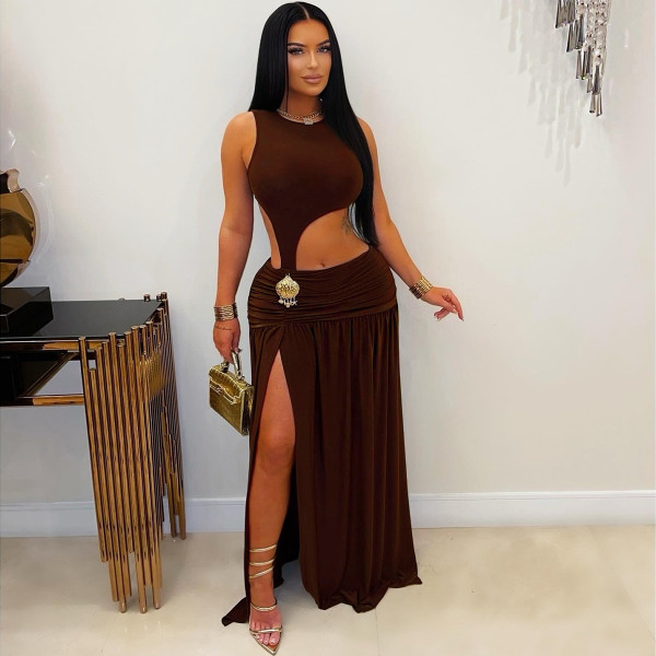 Pleated slit party dress dress ZY6352
