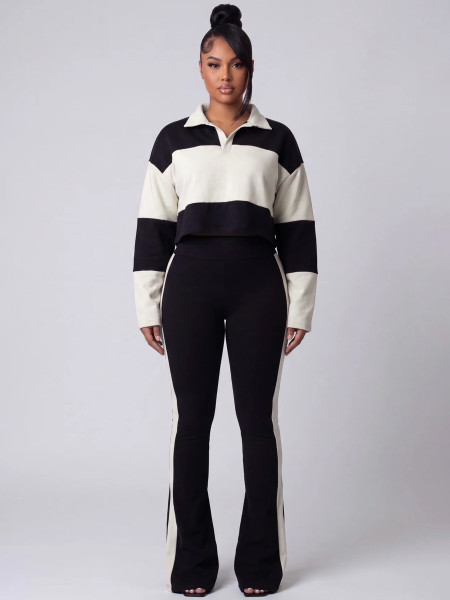 Color blocking patchwork Polo lapel long sleeved striped micro flared pants two-piece set HR26055