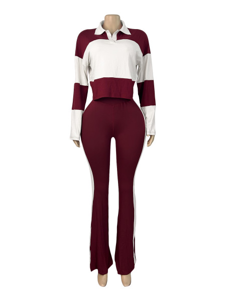 Color blocking patchwork Polo lapel long sleeved striped micro flared pants two-piece set HR26055