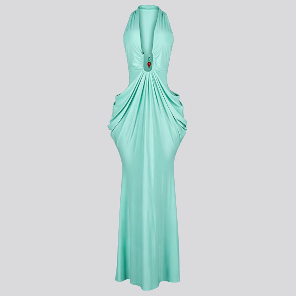 Hanging neck V-neck backless lace up pleated long skirt A1057345796918