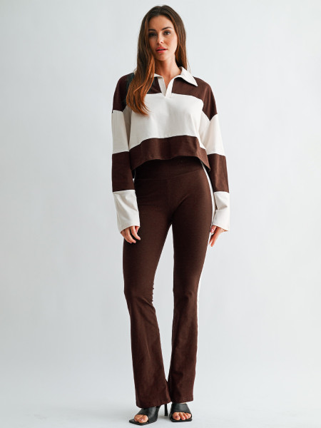 Color blocking patchwork Polo lapel long sleeved striped micro flared pants two-piece set HR26055