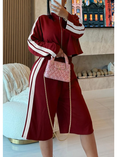 Stand up zipper jacket with contrasting stripes on the sides, two piece set of seven inch wide leg pants HR26058