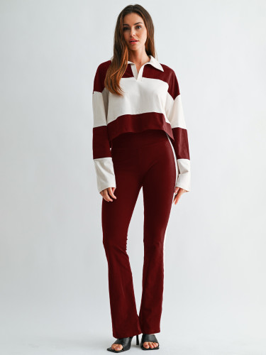 Color blocking patchwork Polo lapel long sleeved striped micro flared pants two-piece set HR26055