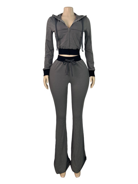 Two piece set of contrasting splicing hooded fringed top and slightly flared pants HR26056