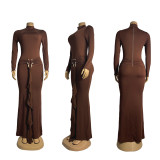 High neck long sleeved dress with metal ribbon at waist and pleated long skirt ZY6306