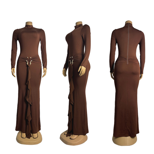 High neck long sleeved dress with metal ribbon at waist and pleated long skirt ZY6306