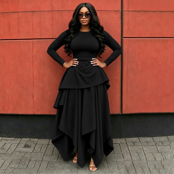 Round neck, waist cinched, lotus leaf hem, long sleeves, irregular large hem skirt A1070422652003